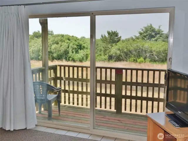 View through the Slider out to the private Deck.  Faces West.