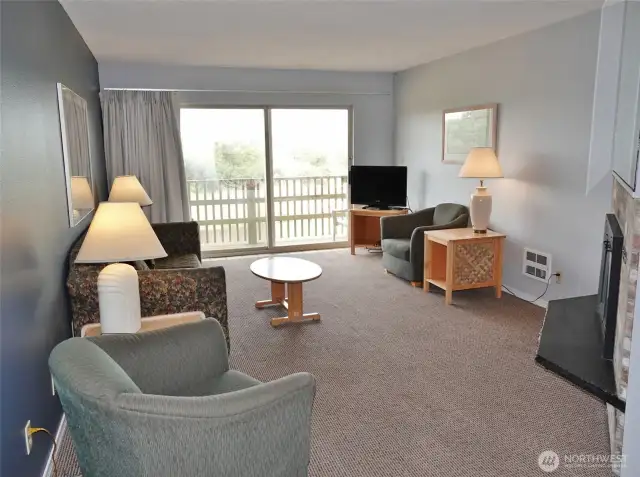 Living Room w/ hide-a-bed couch and large slider to the private Deck.