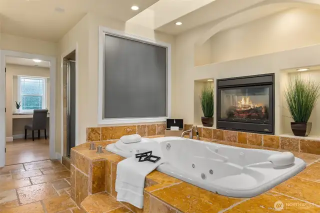 Lavish primary bathroom, jetted tub w/FP, dual WI closets, steam room style shower