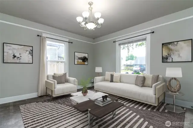 Spacious, light-filled living room.