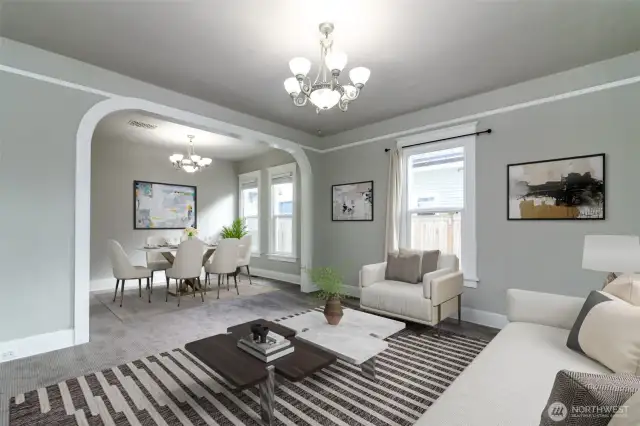 Living room flows into dining room.