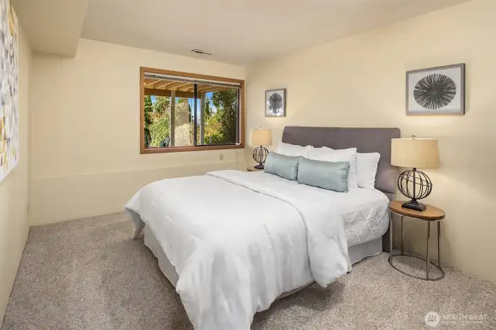 The lower-level bedroom features new carpet and a large window that brings in plenty of natural light.