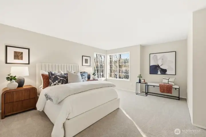 Large comfortable Primary Suite with walk-in closet and designer updated ensuite bath