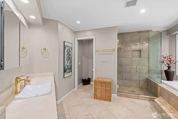 Spacious with two separate vanities.