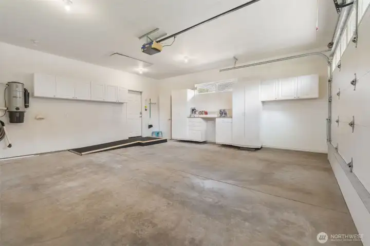 The garage has lots of built in storage and also a ramp for easy entry.