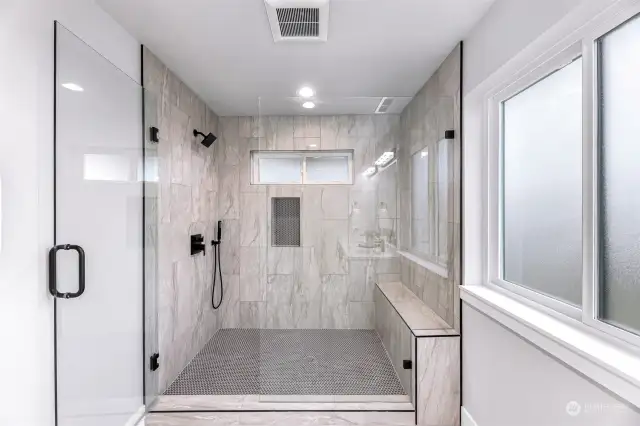 Primary bathroom upstirs with tiled shower