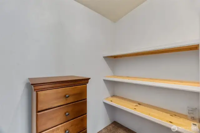 Walk in closet with shelving.
