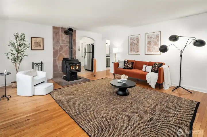 Entry to kitchen on left; hallway to bath and second bedroom on right.