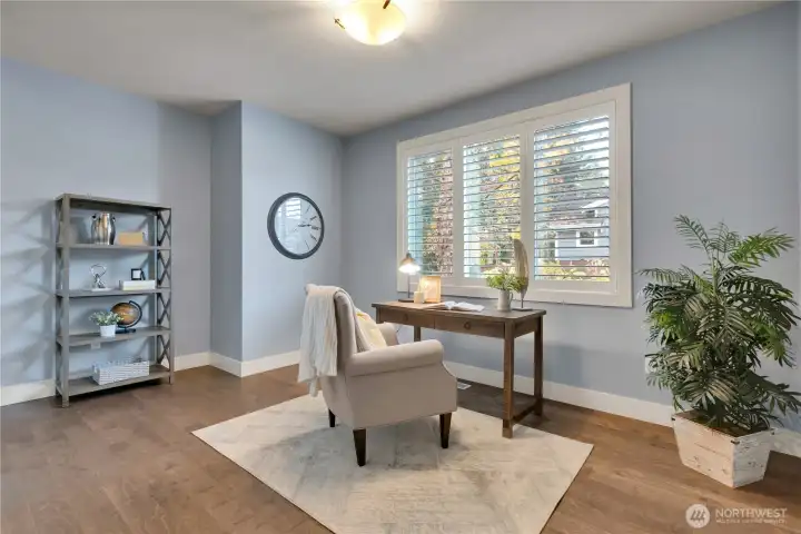 Additional bedroom (yes there is a closet to the left).  Plantation shutters to let in the natural light, or close for coziness!