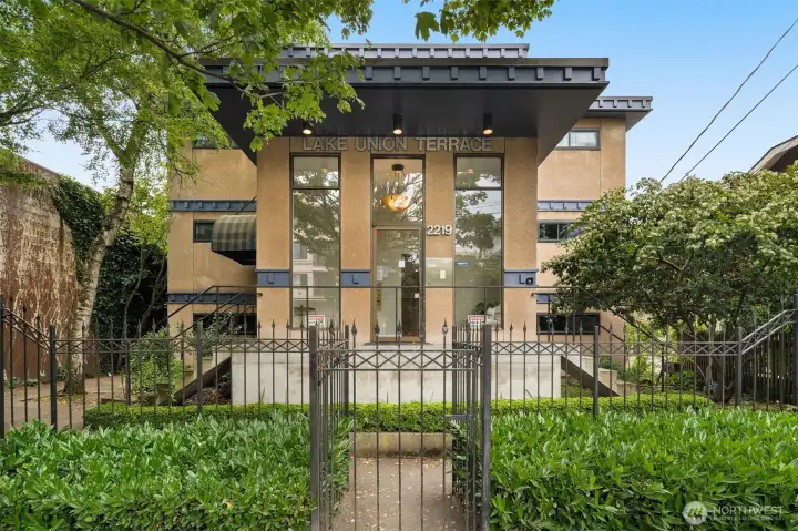 Front of Lake Union Terrace building. Fenced & gated