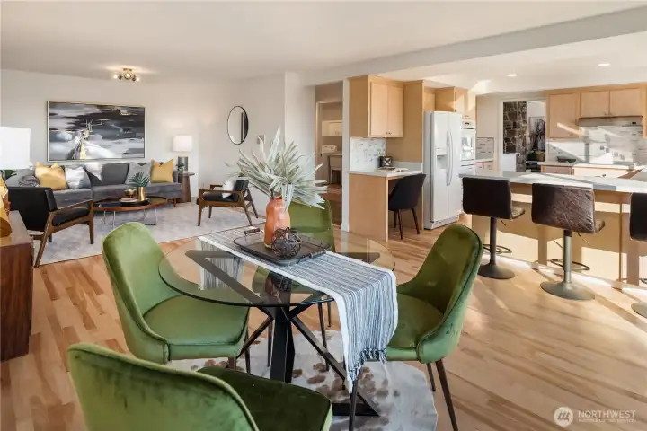 Looking across the family room gives you a sense of just how big this room is. A powder room is just behind the wall mirror off the hallway.