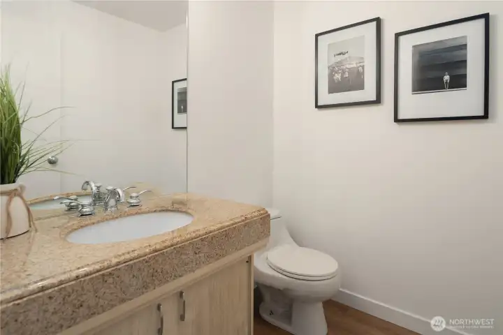 Discreetely located off the family room hallway is this half bath powder room with brand new flooring and paint. (one of 4 bathrooms)