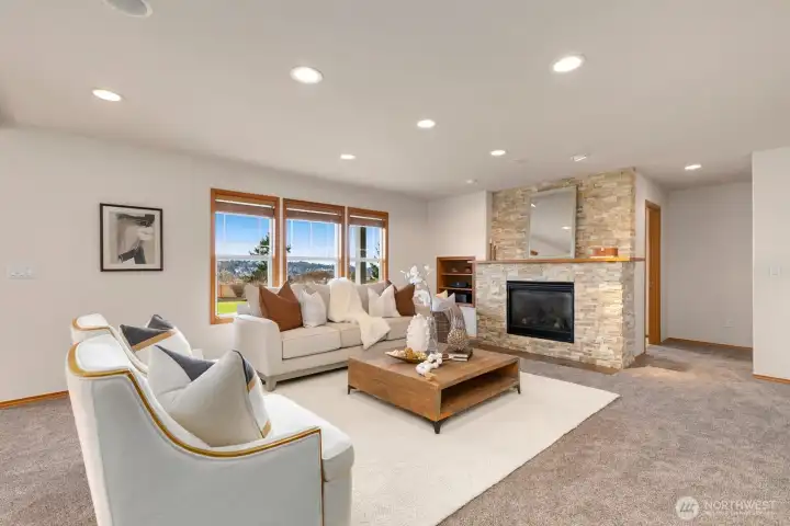 Gas fireplace and built-in sounds system.