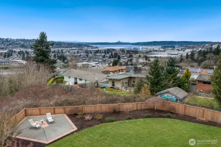 Overlooking downtown Renton, Coulon Beach, Lake WA and Seattle.