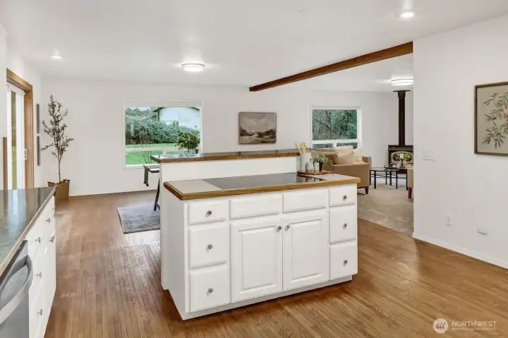 Kitchen island, view to dining and living room.