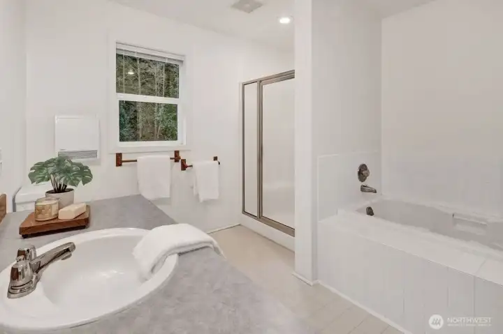 Primary bath with soaker tub and separate shower.