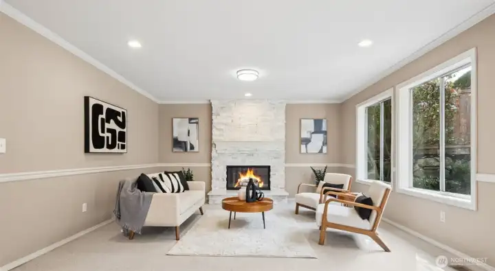 Family room with stunning fireplace remodel you have to see it in person to notice the features of the unique stone.