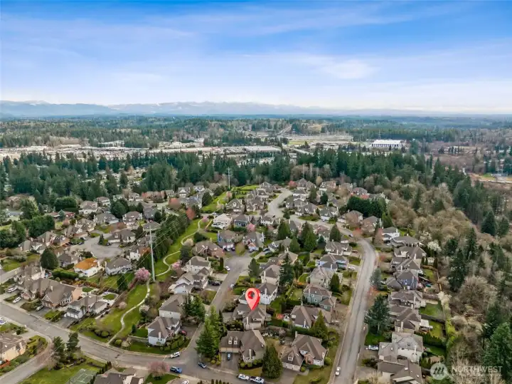Home is located on a dead-end street. Note the walking path through the middle of the neighborhood? And the park is in the bottom left of this photo.