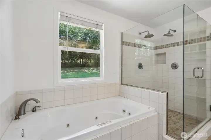 Soaking tub for relaxing evenings and a separate shower for convenience.