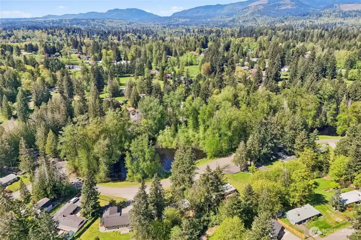 Peaceful neighborhood surrounded by greenery.