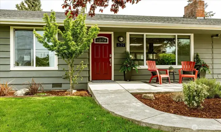 Inviting front door and sunny evening spot to watch the sunsets