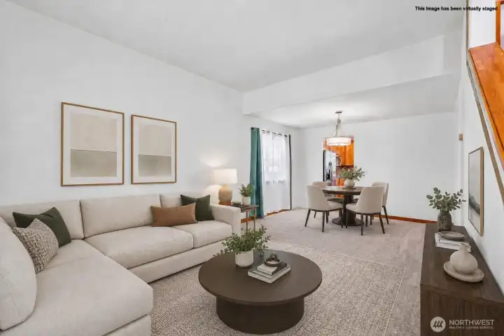 Front livng and dining area (virtually staged)