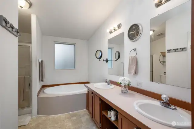 Ensuite bath adjoining primary bedroom also has walk-in closet