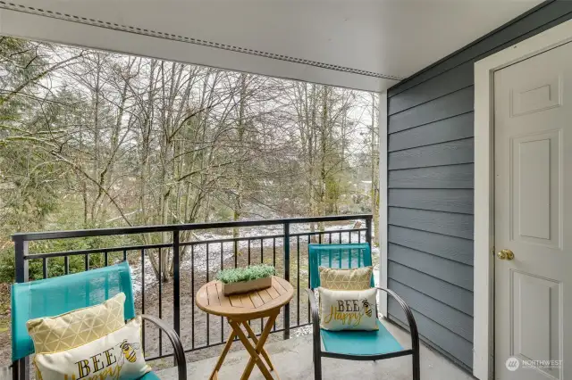 Private deck with a storage closet.