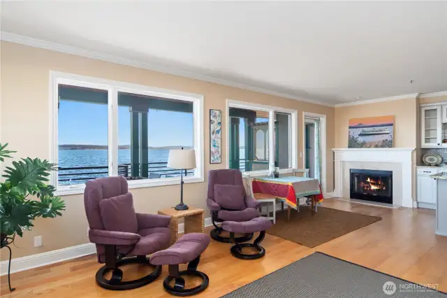 Wood-burning fireplace and a door to the deck