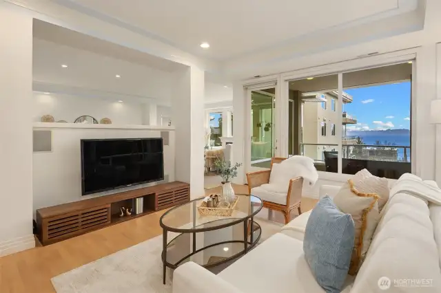 Casual family room with built-in audio system.