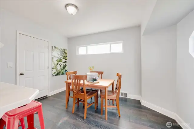 Spacious dining room with higher windows for added privacy & room to  place your treasured hutch