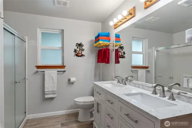 Fully remodeled downstairs bathroom.