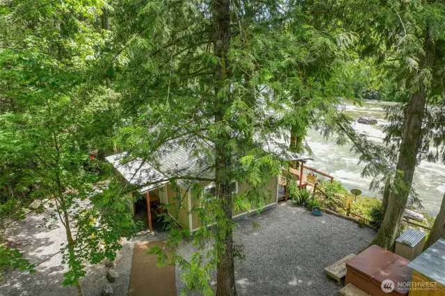 Sides surveyed w/stakes and flagging ~ drone shot taken prior to new paint & hot tub relocation.