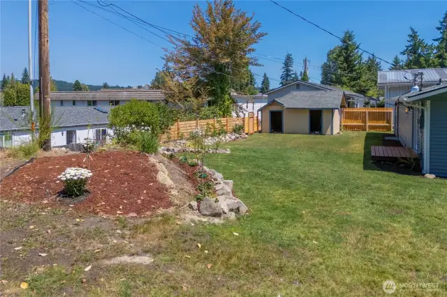 Fresh strawberries are planted. Outbuildings for storage.