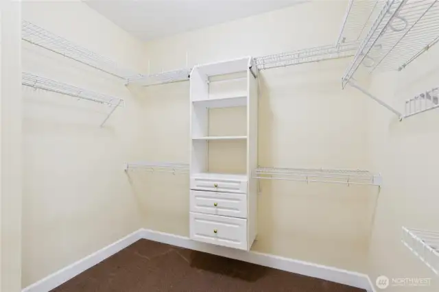 The primary suite features a huge walk-in closet, offering ample storage and organization space.