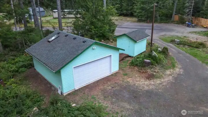 Drone shot of outbuildings.