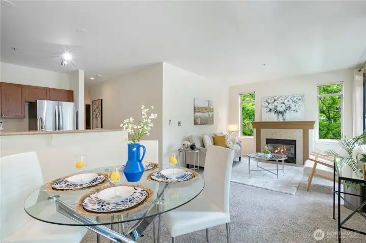 Dinning area with living room view