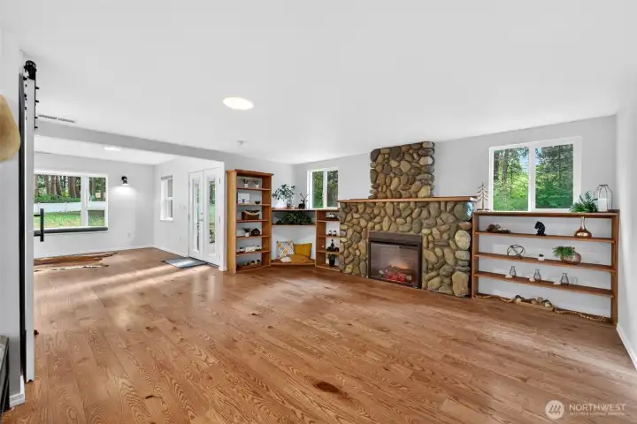 Down stairs family room with electric fireplace