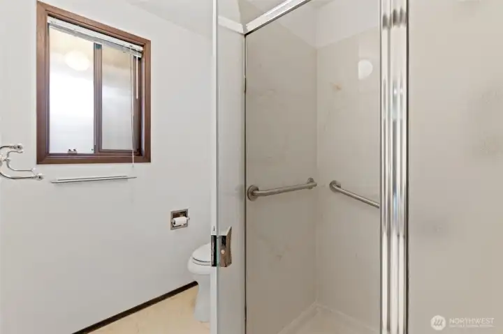 Primary bathroom shower and commode