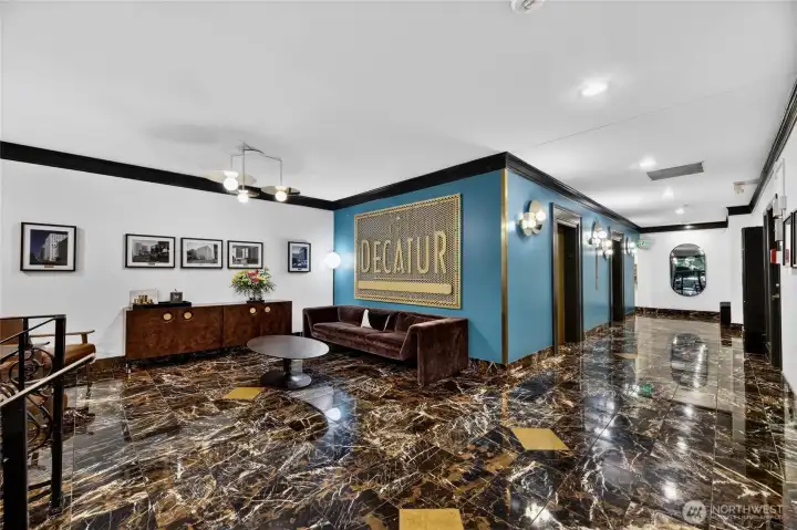 The Decatur was designed by the famed Space Needle architect John Graham Jr. in 1950.  The lobby showcases its' Mid-Century history.