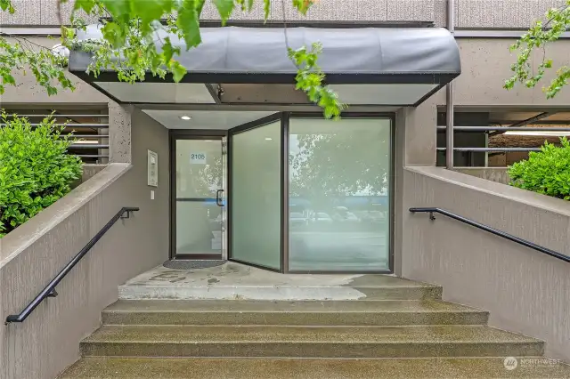 Lobby door for the eight units in building 2105.  There is a staircase that runs the full height of the building internally on the back side.