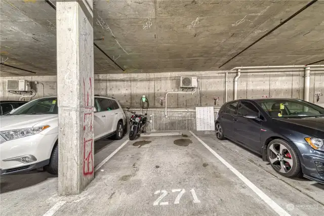 1 designated covered parking space.  Current owner rents an additional space for $100 a month