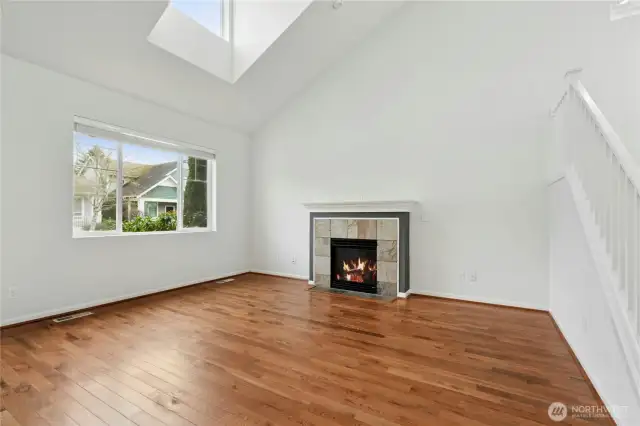 Living Room with Vaulted Ceilings and skylight