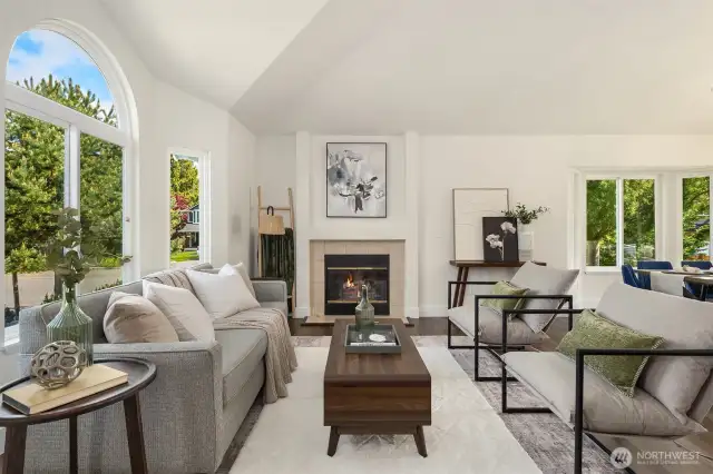 Bright & cozy living rom with vaulted ceilings