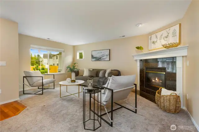 Spacious living room with gas fireplace