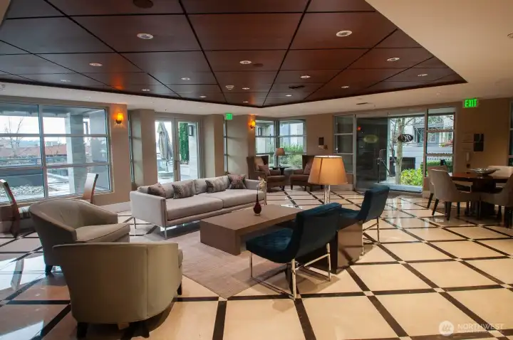 Just outside the lobby is a common-area patio that features a firepit and sitting areas during warmer months.