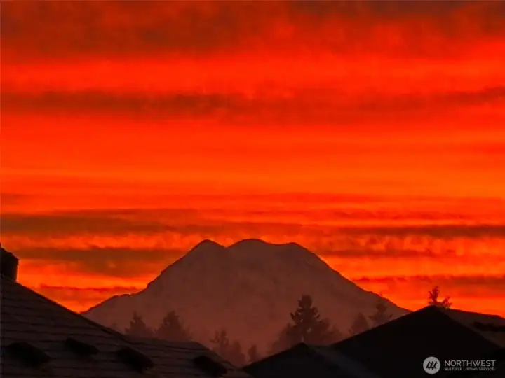 Early morning photo of Mt. Rainier from the back porch- zoomed in.