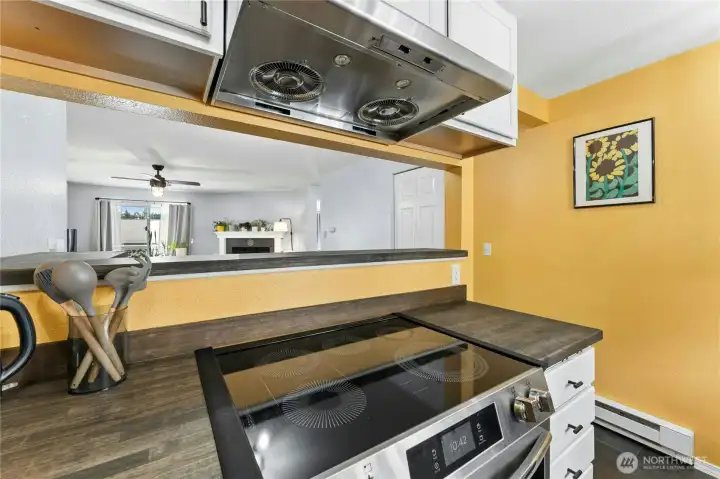 The kitchen features a new oven and stylish new range hood.
