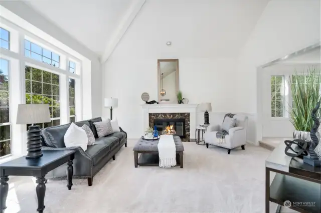 Living Room with marble surround fireplace! Stunning windows in Living and Dining Rooms let in the sunshine.