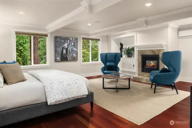 Sumptuous oversized Primary bedroom features hardwoods, mini-split, and electric fireplace for ambiance.